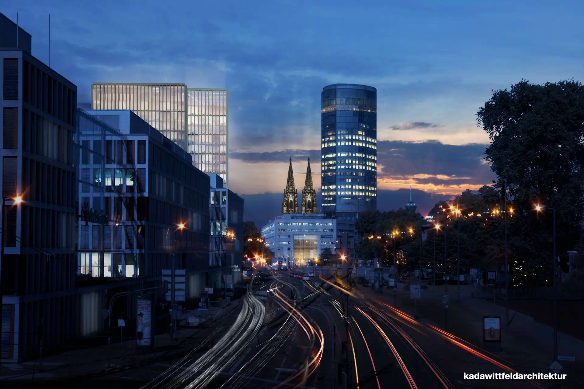 Visualisierung Neubau Ottoplatz Sichtachse von Osten bei Nacht