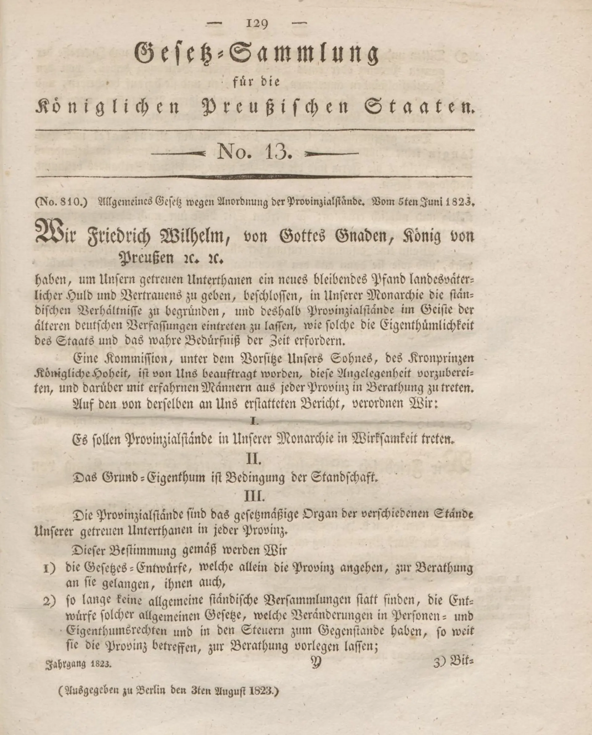 Das „Allgemeine Gesetz wegen Anordnung der Provinzialstände“ von 1823.