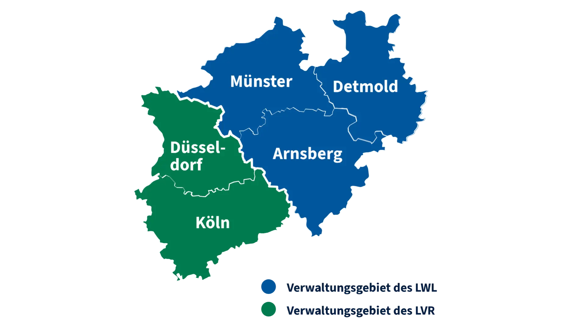 Eine Übersichtskarte, die die regionale Aufteilung der Verwaltungsgebiete des LVR und des LWL darstellt.