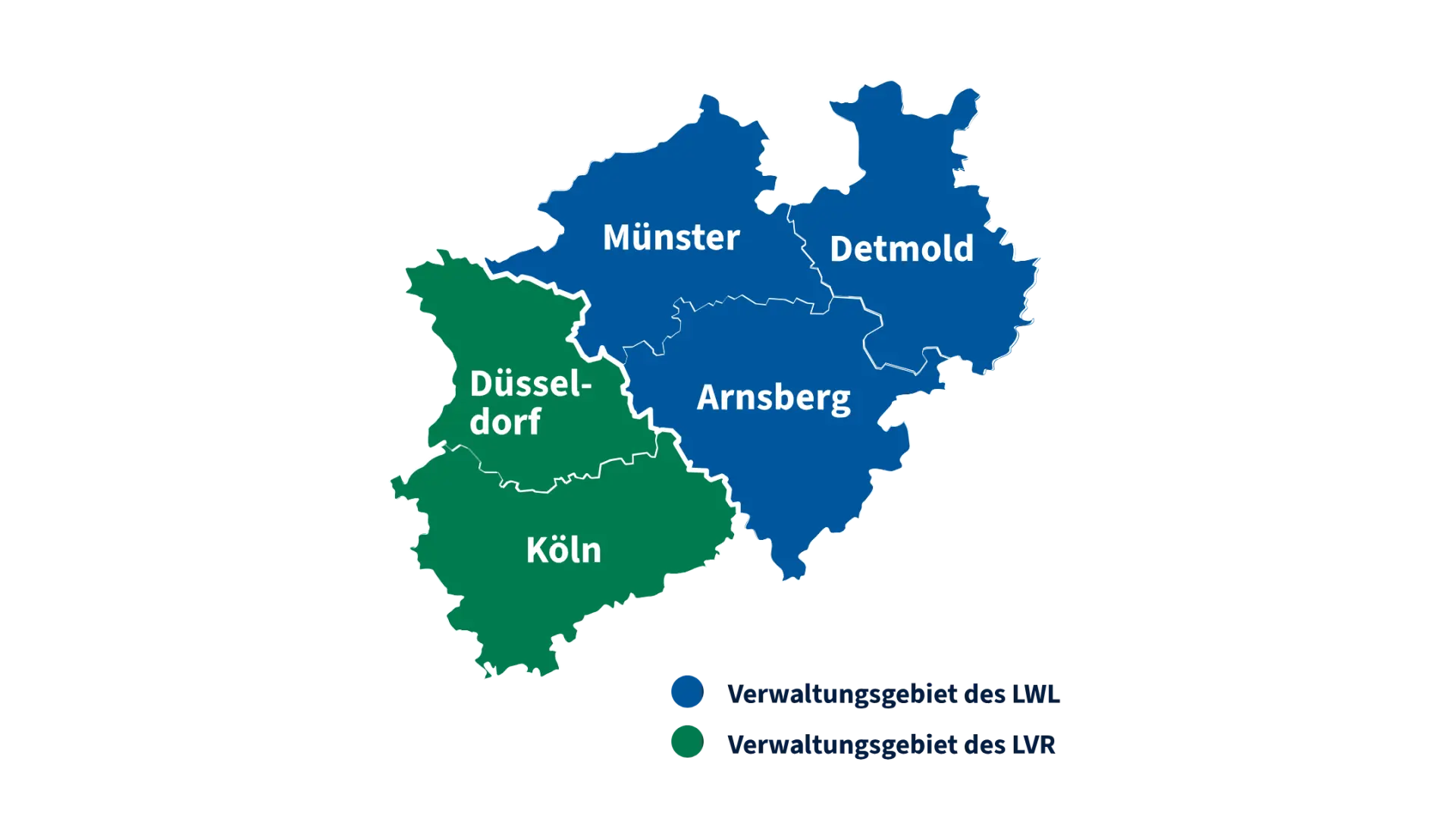 Eine Karte vom Bundesland Nordrhein-Westfalen. Der grüne Teil ist das Rheinland. Der blaue Teil ist Westfalen-Lippe.