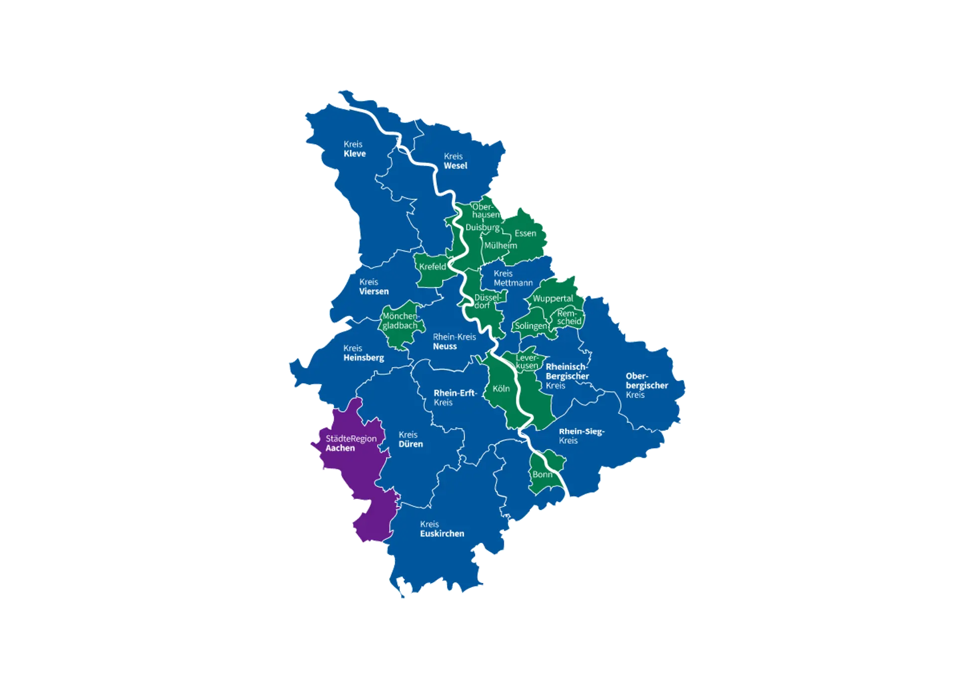 Eine Karte vom Rheinland mit seinen Städten und Kreisen.