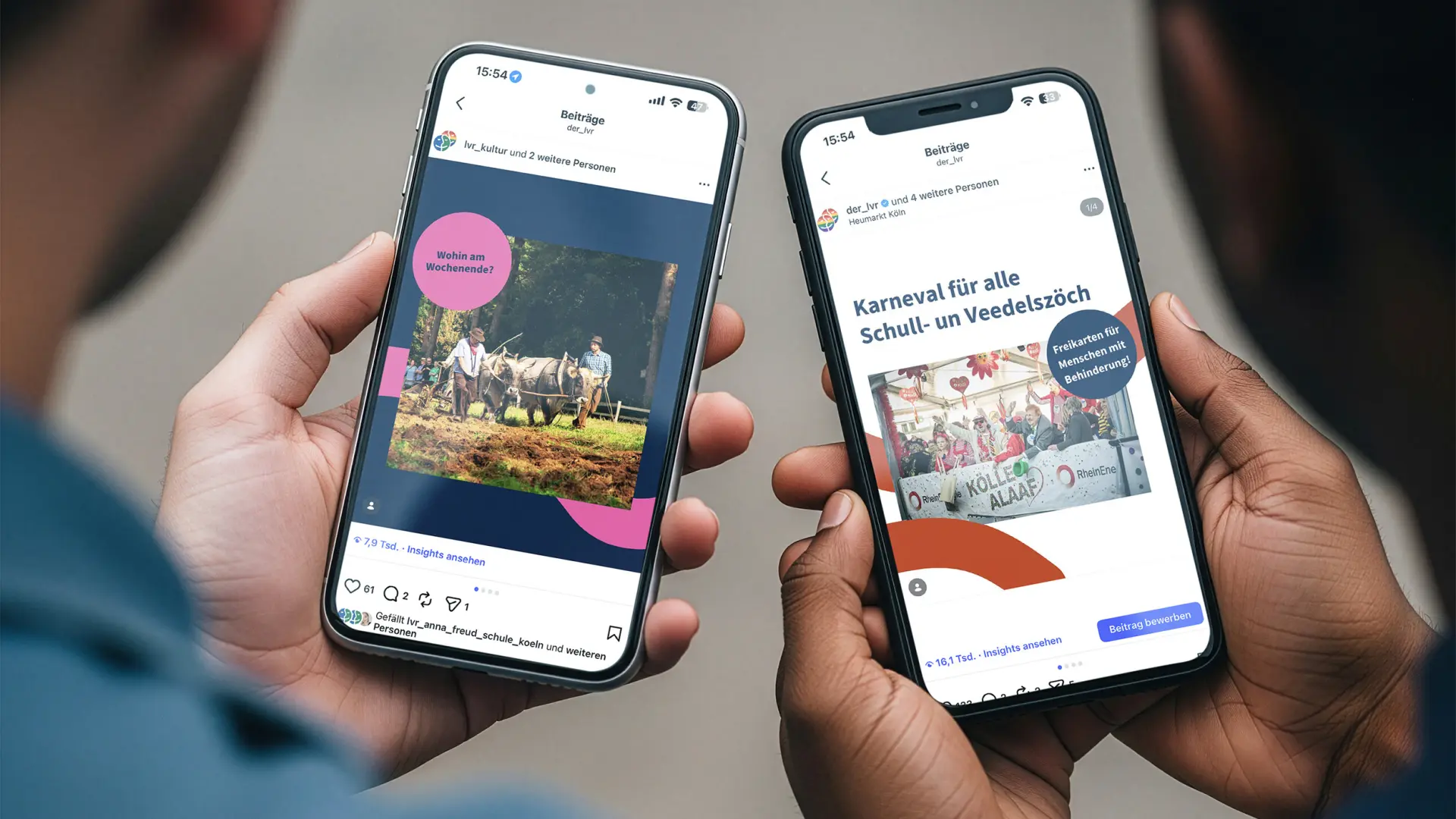 Zwei Personen halten zwei Smartphones, die jeweils einen Instagram-Beitrag des LVR zeigen