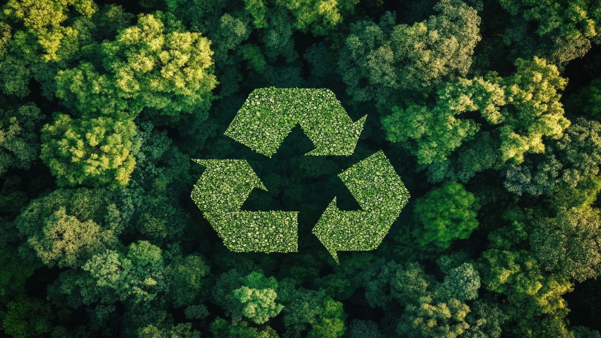 Das Bild zeigt das Recyclingsymbol von oben in einem Wald.