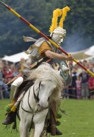 Ein Mann mit einem gelbrot gestreiften Speer reitet auf einem weißen Pferd. Er trägt eine Maske mit gelben Federn. Im Hintergrund ist verschwommen ein Publikum zu erkennen.