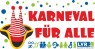 Ein Logo mit einer Narrenkappe, die wie der Kölner Dom aussieht. Daneben steht der Schriftzug "Karneval für alle". Unterhalb davon sind Symbole für Inklusion zu sehen. 