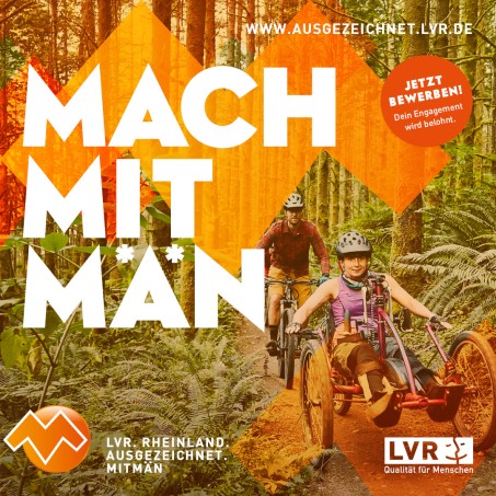 Eine Handbike-Fahrerin und ein Mountainbike-Fahrer sind im Wald unterwegs. Aufschrift: Mach Mit Män