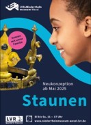 Das Gesicht eines Mädchens im Profil und eine goldene Krone. Text: LVR-Niederrheinmuseum Wesel Neukonzeption ab Mai 2025 Staunen Di bis So 11-17 Uhr www.niederrheinmuseum-wesel.lvr.de Kommt mit eurer Familie.