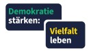 Grafik: in zwei dunklen, Kasten steht der Text „Demokratie stärken“ und „Vielfalt leben“. Das Wort „Demokratie“ ist in Grün geschrieben und das Wort „Vielfalt“ in Gelb.