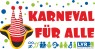 Ein Logo mit einer Narrenkappe, die wie der Kölner Dom aussieht. Daneben steht der Schriftzug "Karneval für alle". Unterhalb davon sind Symbole für Inklusion zu sehen. 