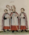 Drei Kinder in Bischhofskleidung