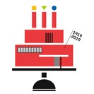 Graphische visualisierung  einer Torte mit architektonischen Elementen in Rot