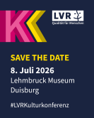Grafik pinkes K mit gelbem Akzent. Text: Save the Date. 8. Juli 2025. Lehmbruck Museum Duisburg #LVRKulturkonferenz