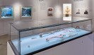 Vitrine, in die Knochen so hingelegt wurden, dass sie einem Menschen ähneln. Dahinter befinden sich Wände mit Ausstellungstexten.