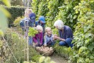 Kinder und eine Frau knien in einem Garten. Die Frau zeigt auf eine Kartoffel. Ein Kind hält einen Korb fest, in dem sich weitere Kartoffeln befinden.