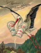 Zeichnung auf dem ein Storch zwei Babys durch die Luft trägt. Sie fliegen über ein Haus, das umgeben ist von Wald. Text: Herzlichen Glückwunsch zum frohen Ereignis. Es handelt sich um ein Postkartenmotiv. 