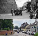 Fotocollage: Blick auf eine Straße, einmal 1941 aufgenommen, einmal 2022.