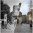 Die Severintorburg früher und heute; Fotos: Lennert Herden (LVR), Bundesarchiv / Presse- und Informationsamt der Bundesregierung (CC-BY-SA 3.0)