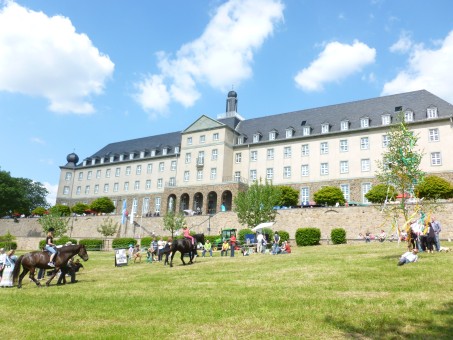 Kardinal-Schulte Haus. Im Vordergrund des Gebäudes eine Wiese. Kinder reiten auf Pferden.