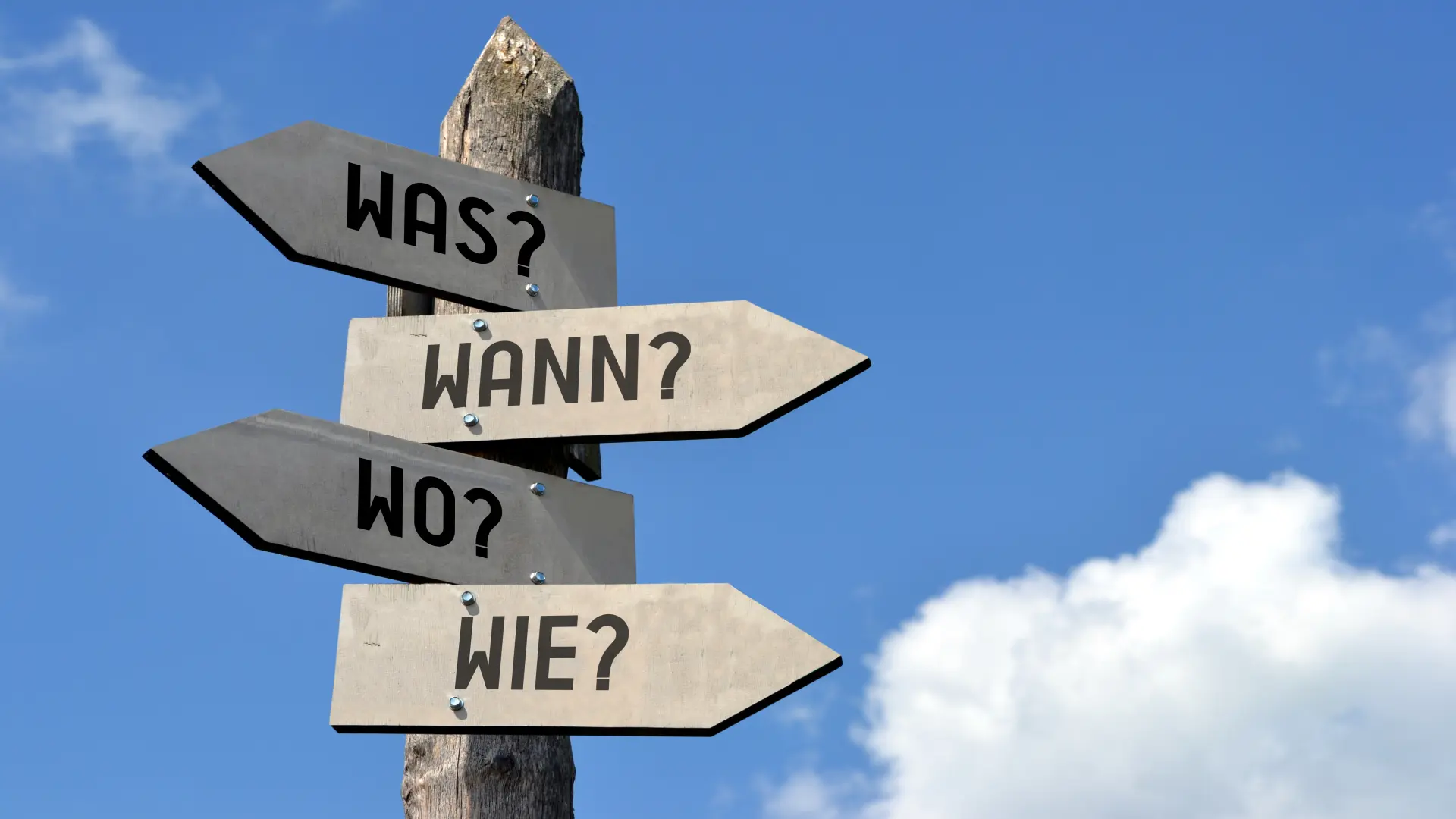 Ein Wegweiser mit den Aufschriften Was? Wann? und Wo?