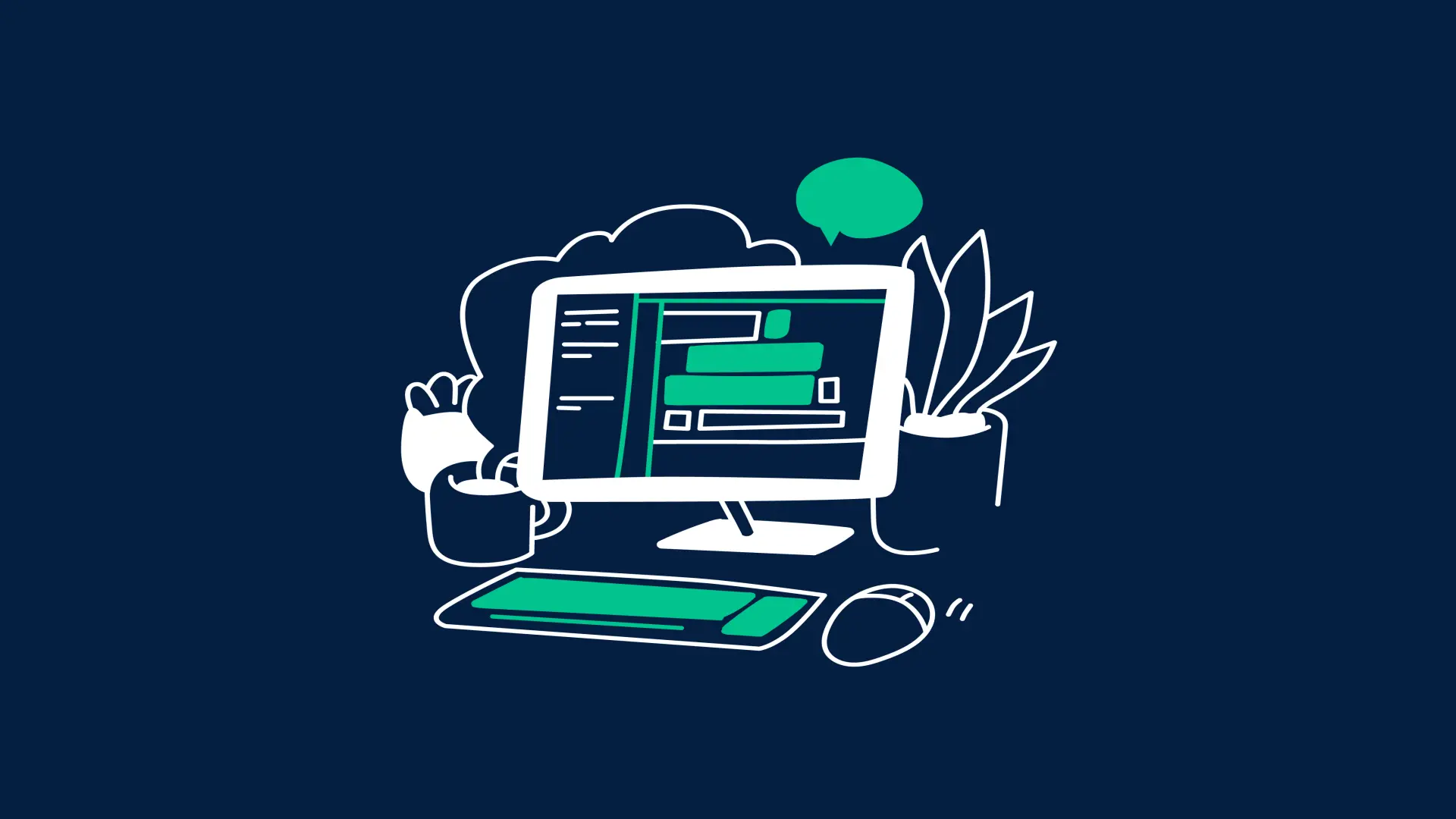 Illustration eines Computerarbeitsplatzes auf dunkelblauem Hintergrund. Auf dem Monitor ist eine schematische Benutzeroberfläche in Weiß und Türkis zu sehen. Davor liegen Tastatur und Maus, daneben stehen Pflanzen und eine Tasse.