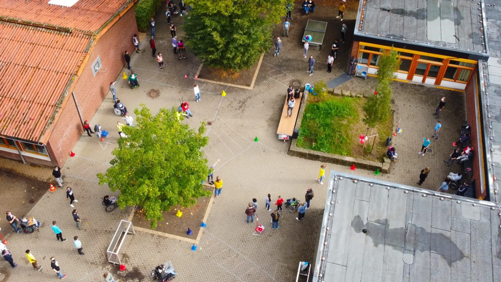 Schulgelände von oben mit Schüler*innen auf dem Schulhof