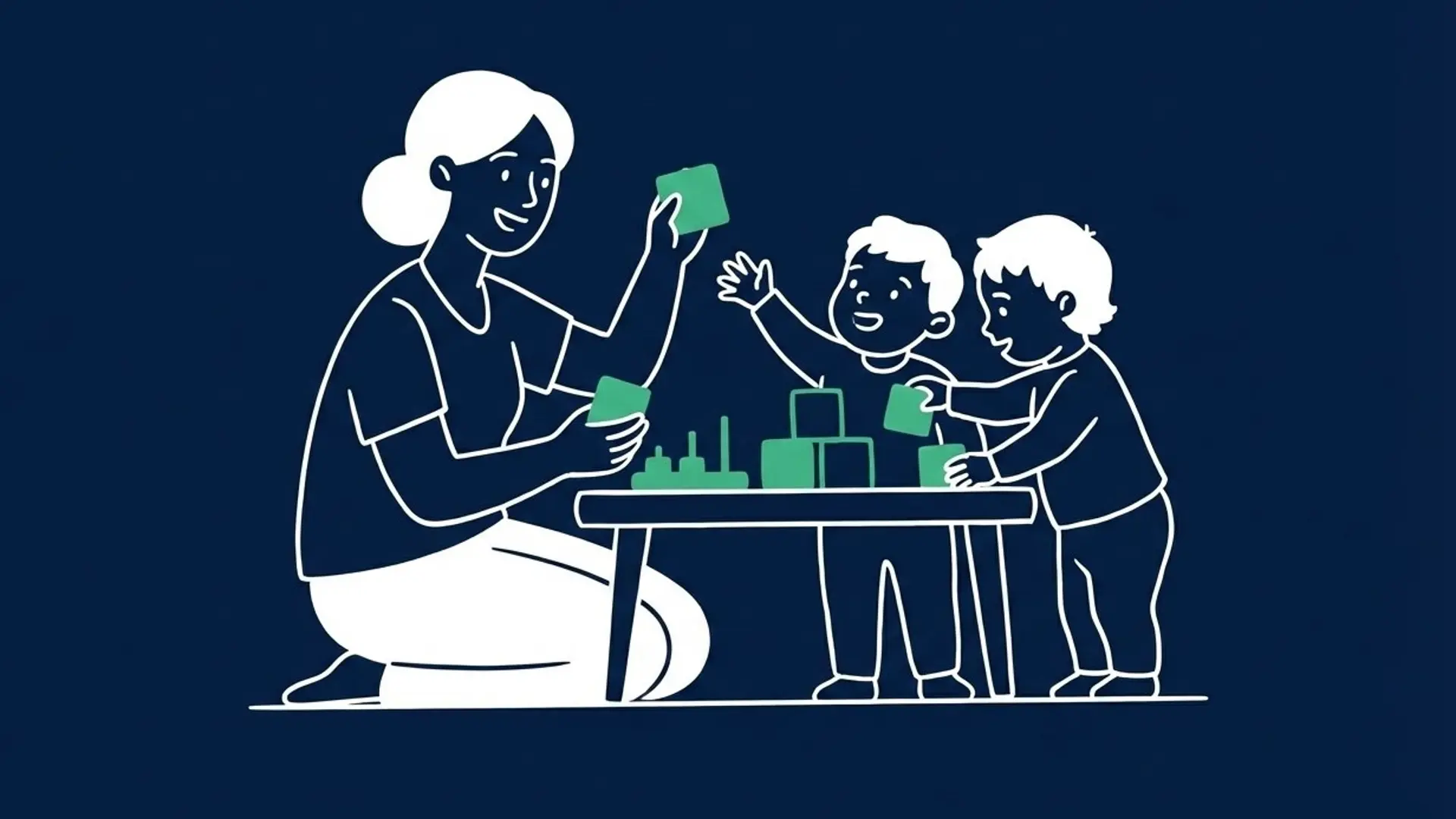 Illustration zur Frühförderung: Lehrkraft spielt mit zwei Kindern mit Bauklötzen
