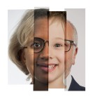 Ein Portrait aus zusammen gesetzten Ausschnitten verschiedener l&auml;chelnder Gesichter, von links beginnend eine Frau mit Brille und kurzen blonden Haaren, eine junge dunkelh&auml;utige Frau mit Brille, ein hellh&auml;utiger kleiner Junge und ein Mann mit kurzen wei&szlig;en Haaren und Brille