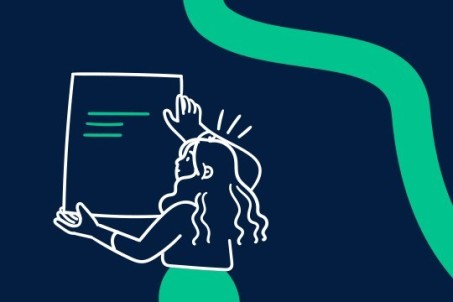 Auf der rechten Bildseite sieht man einen grünen Schlängel, den Flow, auf dunkelblauem Grund. In der Bildmitte sieht man die Illustration einer Frau mit langem welligem Haar, das mit dem Rücken zum Betrachter steht und ein Blatt Papier schrägt über ihren Kopf in den Händen hält. Die Illustration ist mit weißen Strichen gezeichnet. Das Unterteil der Figur ist grün ausgefüllt.