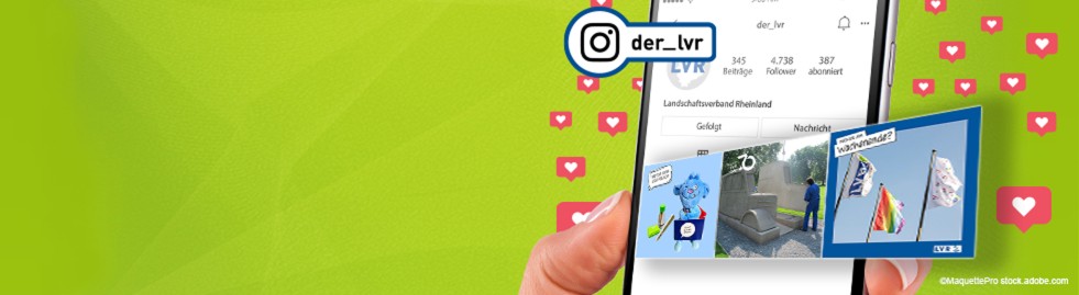 Ein Smartphone, auf dem der Instragram-Kanal des LVR (der_lvr) zu sehen ist. Um das Smartphone herum schweben viele Like-Buttons.