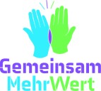 Zwei Hände, offene Handflächen, grün und blau, Untertitel: Gemeinsam MehrWert