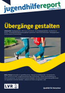 Titelseite des Jugendhilfereports zeigt eine Zebrastreifen und Beine zweier Kinder im Kindergarten und Grundschulalter, die diesen gerade &uuml;berqueren