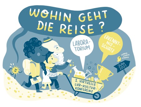 Illustration mit drei Menschen unterschiedlichen Alters, die eine Schubkarre mit der Aufschrift: 1. Virtuelle LVR-Kulturkonferenz, schieben und über Ihnen ragt der Schriftzug "Wohin geht die Reise?".