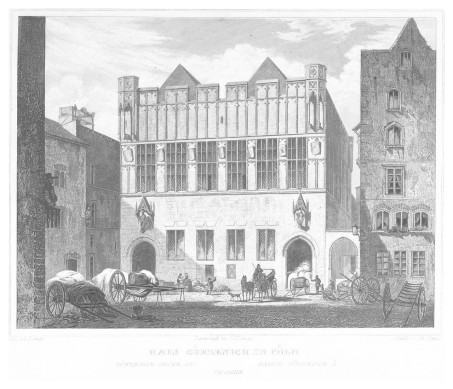 Historischer Stich des Gürzenich. Bild:Poppel nach Lange, Public domain, via Wikimedia Commons