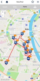 Screenshot der Route der KuLaTour "Via Industrialis - Kölner Süden" in der Kartenansicht der KuLaDig App.