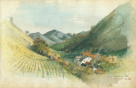 ein Aquarell, das den Blick durch das Löwenburger Tal von Rhöndorf aufwärts gesehen zeigt