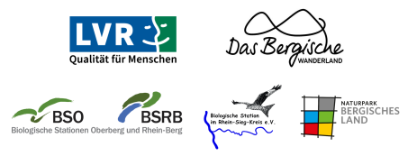 Die Logos der Projektpartner: LVR, Das Bergische, Biologische Station Oberberg und Rhein-Berg, Biologische Station im Rhein-Sieg Kreis e.V. und Naturpark Bergisches Land