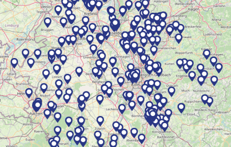 Die Karte ist dicht bedeckt mit Standorten und zeigt die beeindruckende Museumsdichte im Rheinland.