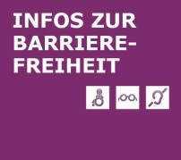 Eine Grafik mit dem Schriftzug "Infos zur Barrierefreiheit" und Symbolen für Menschen im Rollstuhl, sehbehinderte und hörbehinderte Menschen.