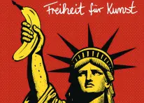 Grafik: Eine gelbe Freiheitsstatue mit Banane in der Hand auf rotem Hintergrund. Text: Thomas Baumg&auml;rtel NiederrheinTour 2026. Freiheit f&uuml;r Kunst
