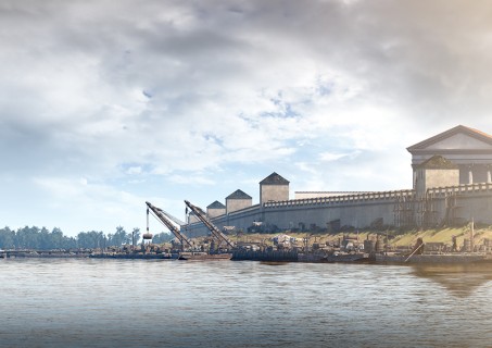 Ein römischer Hafen mit Ladekränen, Schiffen und der Stadtmauer im Hintergrund.