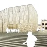 Eine Ansicht des geplanten Museumsbaus mit graubrauen Steinplatten und einem gläsernen EingangsbereichEine Ansicht des geplanten Museumsbaus mit graubrauen Steinplatten und einem gläsernen Eingangsbereich