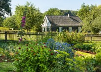 Ein Bauerngarten mit wunderschönen rot, blau und violett blühenden Pflanzen. Im Hintergrund ein altes Haus mit grauen Schindeln und weißen Fenstern.