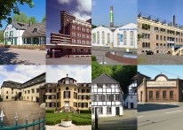 Foto-Collage aus acht Fotos mit Fassadenansichten historischer Fabrikgebäude