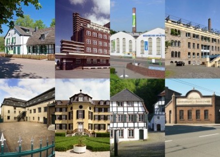 Foto-Collage aus acht Fotos mit Fassadenansichten historischer Fabrikgebäude