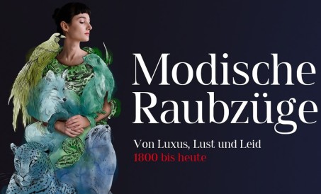 BIld einer Frau in einem Fantasie-Kleid aus Tieren neben dem Schriftzug "modische Raubzüge"