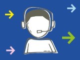 Grafik: Blaues Feldm mit bunten Pfeilen und einer schemenhaften Figur mit Headset auf dem Kopf