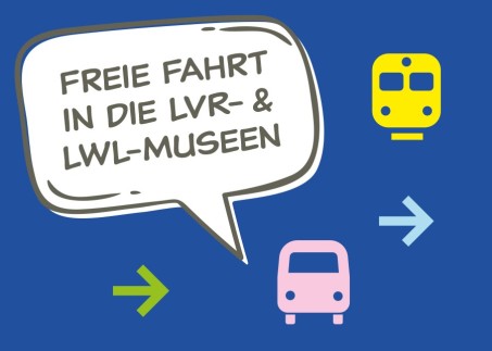 Grafik: Blauer Hintergrund mit Sprechblase. Text: Frei Fahrt in die LVR- und LWL-Museen
