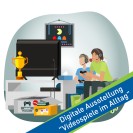 Illustration: Zwei Figuren inmitten von Bildschirmen und Videospielen