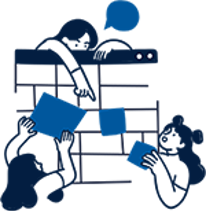 Illustration zum Thema Planen. Drei weiblich zu lesende Personen, eine gibt auf einer Mauer Anweisungen, zwei setzen blaue Vierecke in die Mauer.