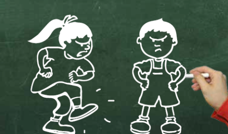 Ein trotziges Mädchen und ein wütender Junge mit Schulkreide gemalt